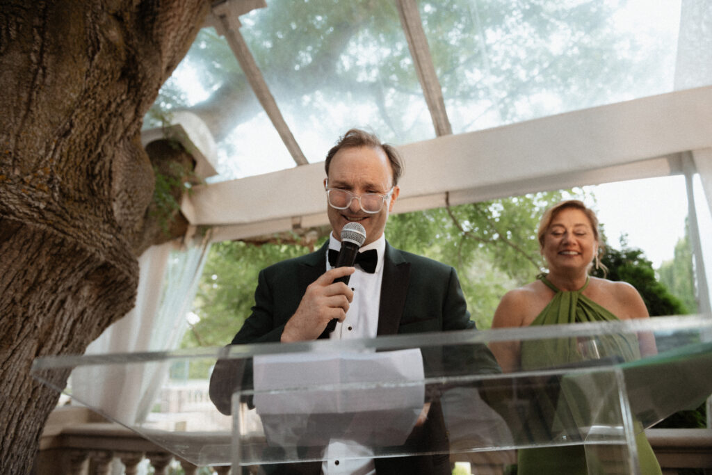 Graydon Hall Manor wedding reception in Toronto gardens with emotional wedding speeches
