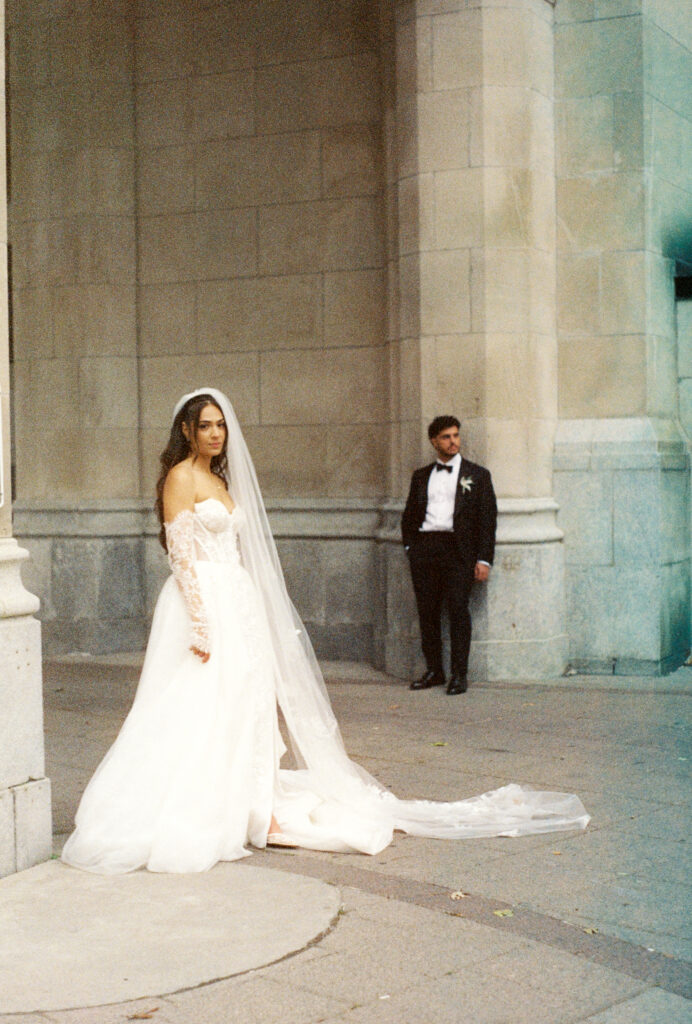 Blue hour wedding portraits in Ottawa photographed by a Toronto wedding photographer on film